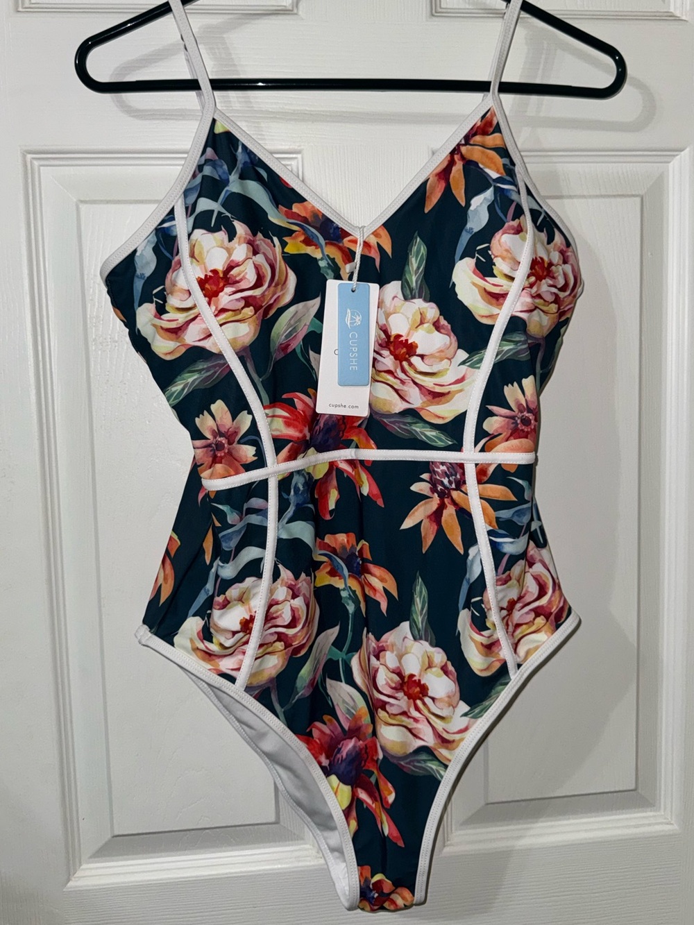 Full Blossom V-Neck Piping Design One-Piece Swimsuit by Cupshe